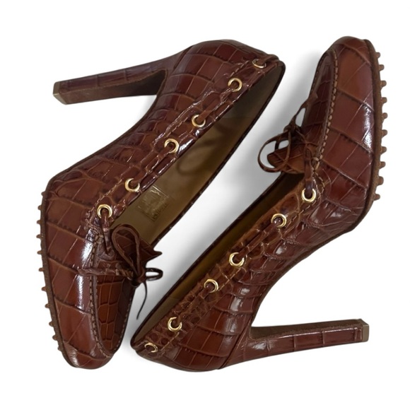 RARE Ralph Lauren Purple Label Croc-Embossed Leather High Heel Brown 8.5 NIB - Picture 4 of 7